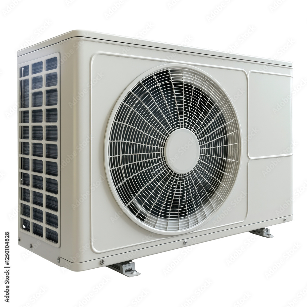 An air conditioning unit displayed on a white isolated background, showcasing its modern design and air cooling capabilities. An air conditioning unit displayed on a white isolated background, showcasing its modern design and air cooling capabilities.