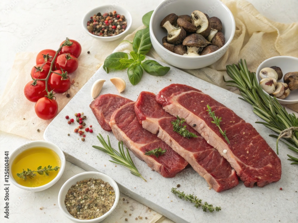 Raw Beef Steaks with Herbs and Spices Ready for Cooking Raw Beef Steaks with Herbs and Spices Ready for Cooking
