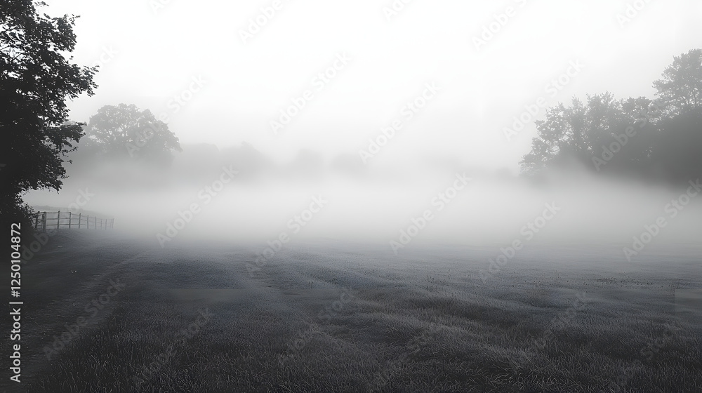 Mystical Foggy Field: A captivating black and white photograph that captures the ethereal beauty of a misty field, with trees silhouetted against the dense fog. Mystical Foggy Field: A captivating black and white photograph that captures the ethereal beauty of a misty field, with trees silhouetted against the dense fog.