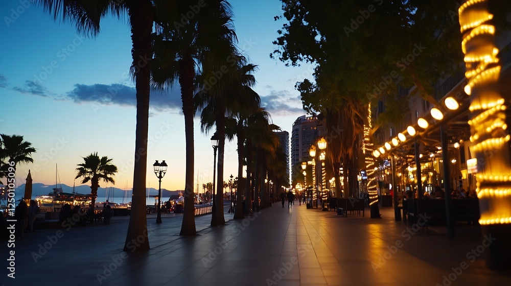 Naklejka premium Charming palm-lined boulevard at dusk with vibrant lights and a picturesque skyline : Generative AI
