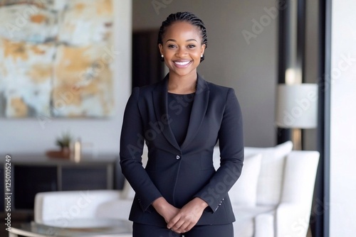 Confident happy young African American professional business woman corporate leader, hr executive manager wearing suit standing in office.