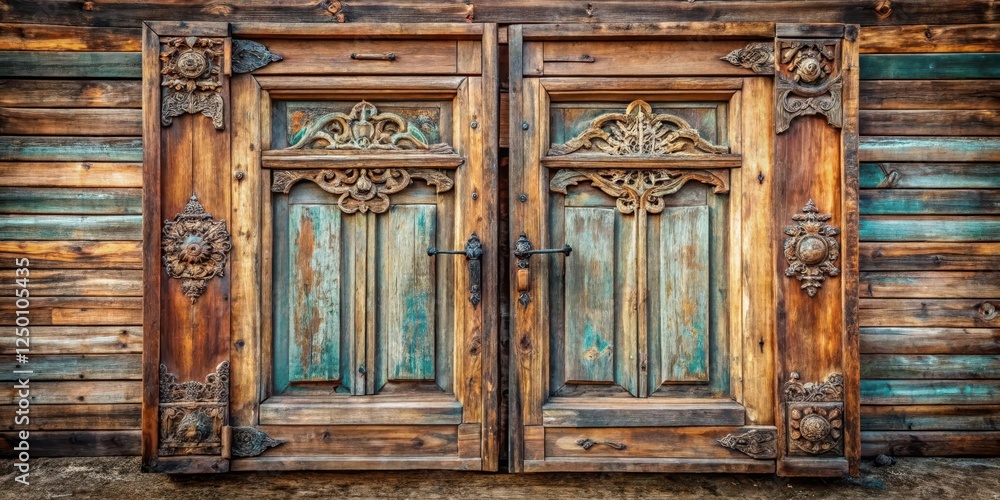 Obraz premium Distressed wooden saloon doors with intricate carvings and ornate hardware hang on an old wooden frame, adding a touch of rustic charm to any room , traditional design, old wooden
