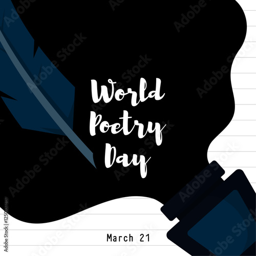 World poetry day. March 21. Vector illustration of ink bottle spilling on paper. Poster or banner.