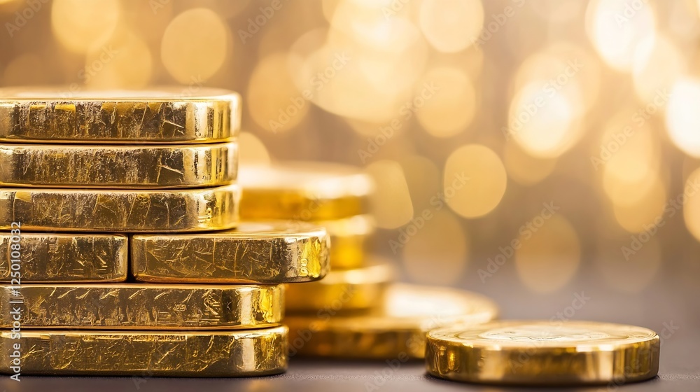 Stack of shiny gold coins with blurred golden bokeh background symbolizing wealth and prosperity : Generative AI Stack of shiny gold coins with blurred golden bokeh background symbolizing wealth and prosperity : Generative AI