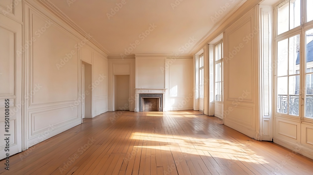 Obraz premium Spacious and Bright Empty Room with Large Windows and Wooden Floorboards : Generative AI