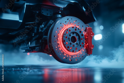Illuminated car brake disc and caliper detail.