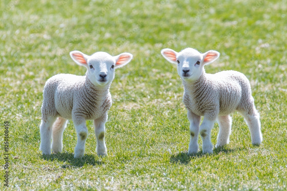 Two lambs stand on grass in a field, in bright daylight, for a spring nature photo Two lambs stand on grass in a field, in bright daylight, for a spring nature photo