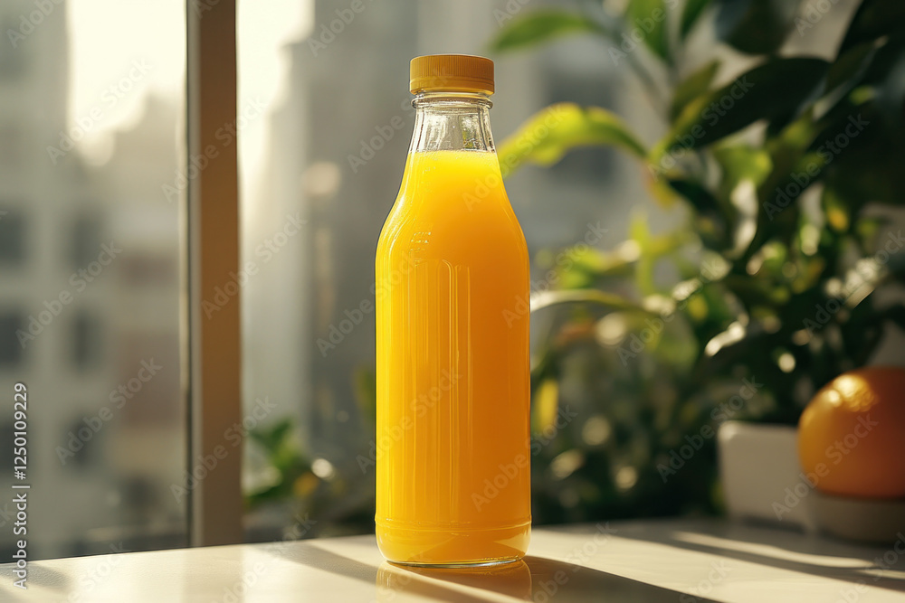 Bottle of orange juice on a table, next to a bowl of fruit, with a glass and a straw. Sunlight streams through the window onto the setup. Bottle of orange juice on a table, next to a bowl of fruit, with a glass and a straw. Sunlight streams through the window onto the setup.