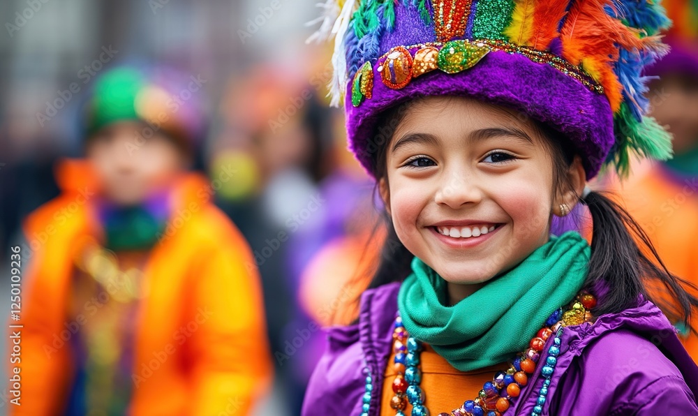Fototapeta premium Child Smiles Wearing Vibrant Colorful Festive Hat and Jacket at Parade