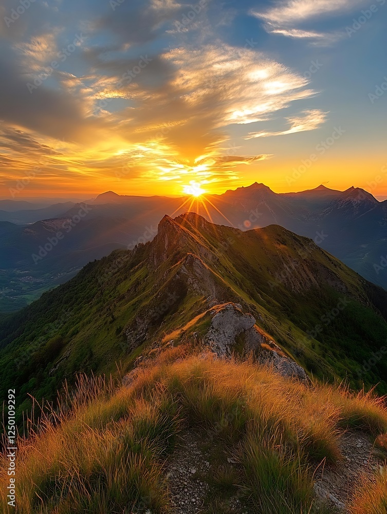 Obraz premium Breathtaking Sunset Over Mountain Peaks with Vibrant Sky Colors and Scenic Landscape Beauty : Generative AI