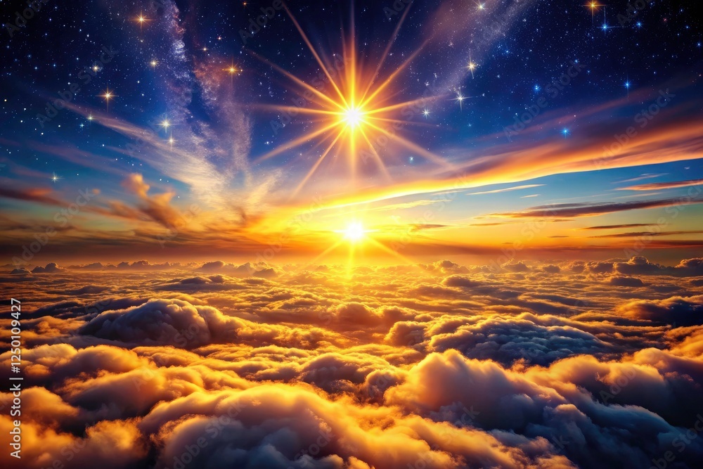 Obraz premium Sunrise bathes a fantasy ocean of clouds in celestial radiance. Spiritual awakening, heavenly art.