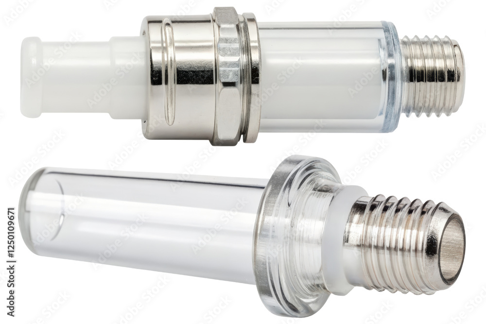 Two clear glass tubes with metal fittings isolated with transparent background Two clear glass tubes with metal fittings isolated with transparent background