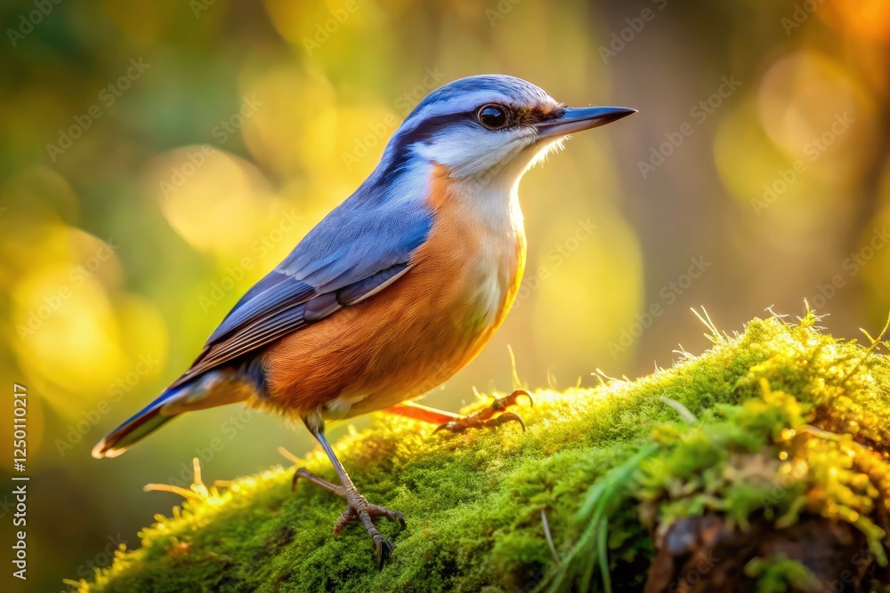 Fototapeta premium Nuthatch clings to bark, a vibrant splash against a breathtaking landscape.