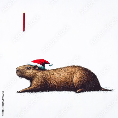 Festive Capybara with Santa Hat Next to a Red Candle on White Background