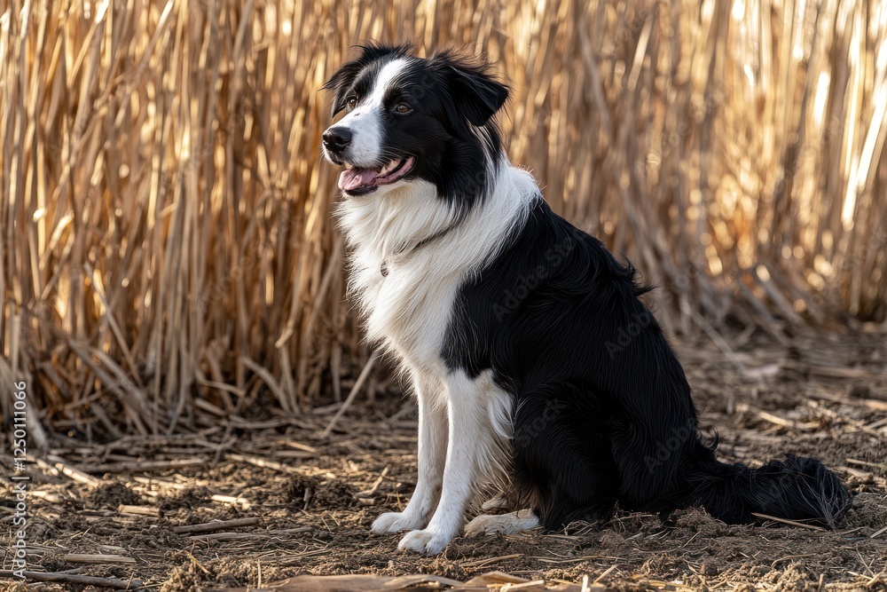 Fototapeta premium Border Collie sits in field, autumn backdrop, pet photography