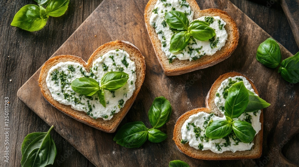 Heart-Shaped Toast with Basil and Creamy Spread on Wooden Board Heart-Shaped Toast with Basil and Creamy Spread on Wooden Board