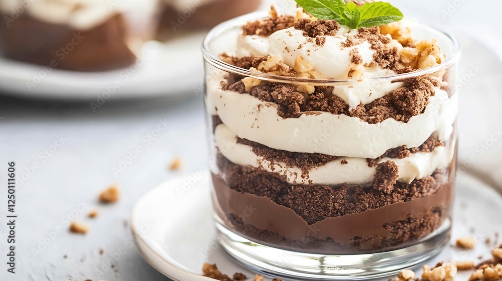 Delicious Layered Dessert with Cream and Crumbled Nuts in a Glass : Generative AI Delicious Layered Dessert with Cream and Crumbled Nuts in a Glass : Generative AI