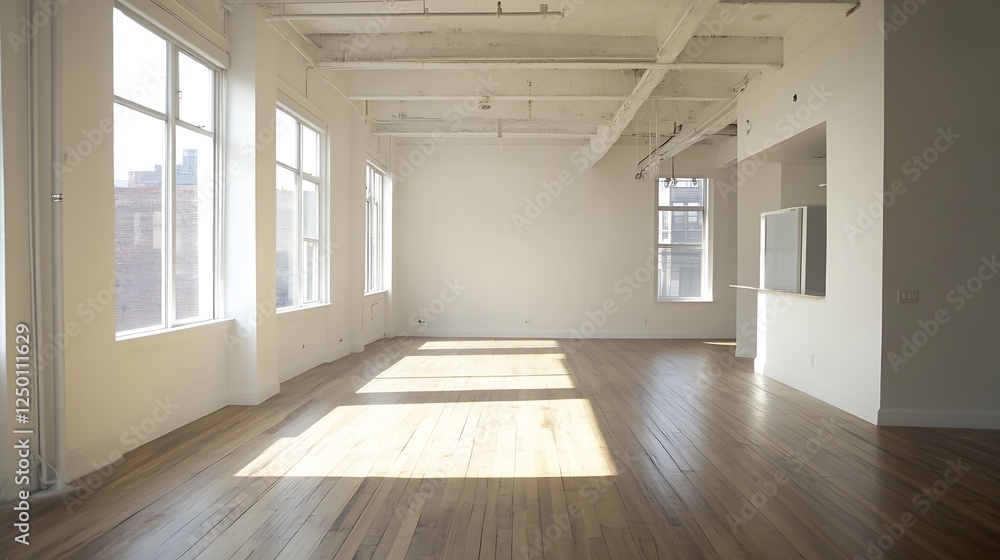 Obraz premium Spacious and bright modern apartment interior with large windows and warm wooden floors : Generative AI