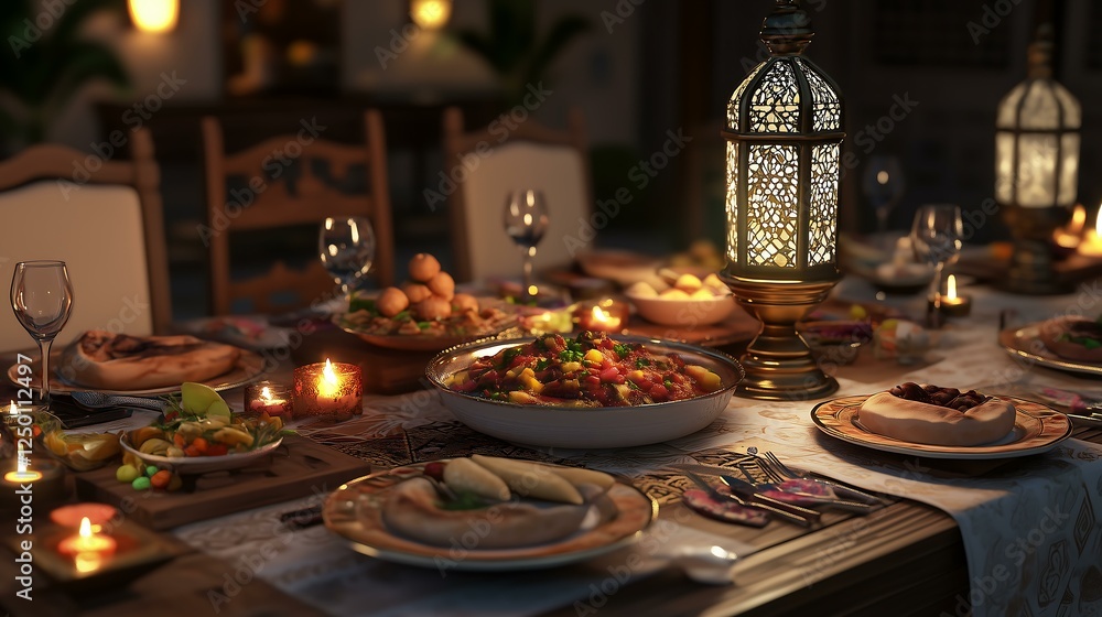 Naklejka premium A beautifully arranged dinner table with various delicious dishes and elegant decor. Festival Concept