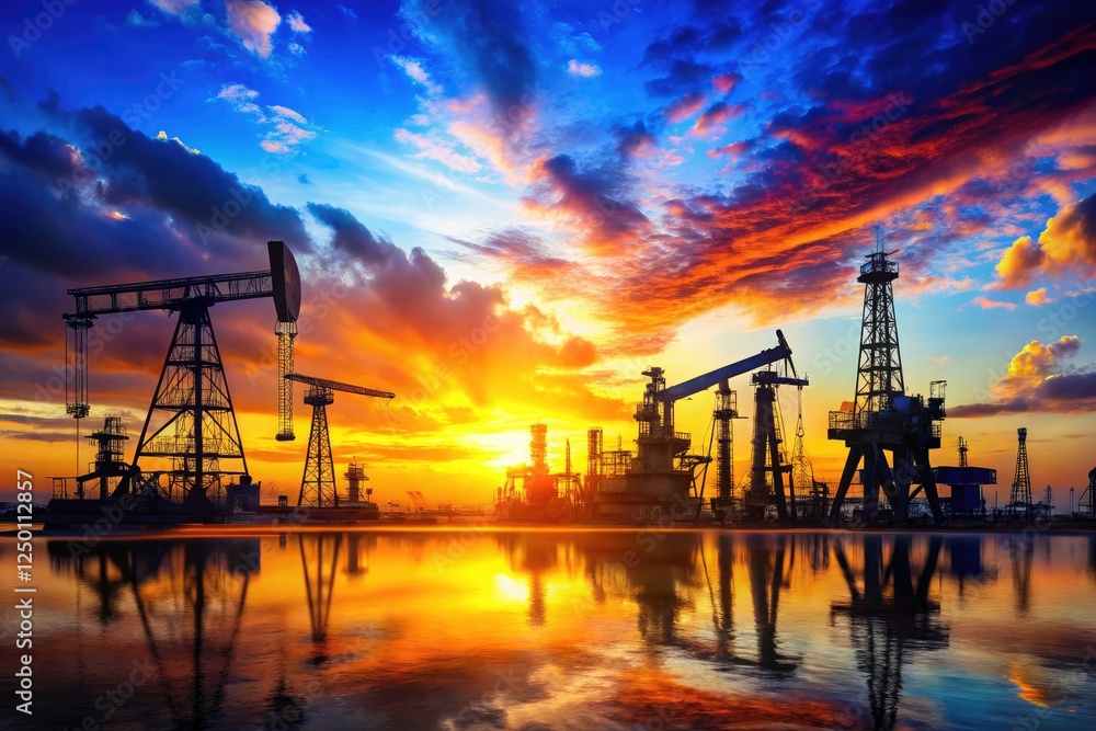 Sunset silhouettes offshore oil platforms, a stark energy industry scene. Sunset silhouettes offshore oil platforms, a stark energy industry scene.