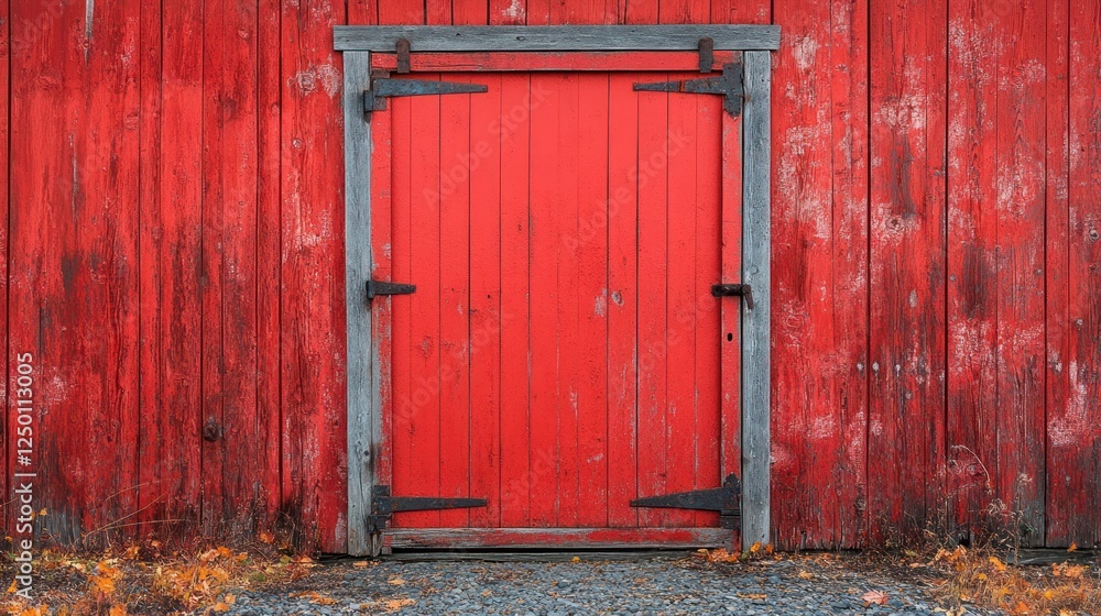 A vibrant red barn door framed in wood against a rustic red wall. A vibrant red barn door framed in wood against a rustic red wall.