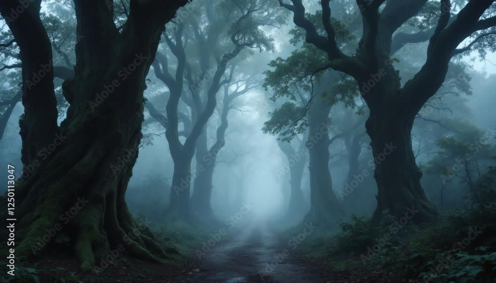 Fototapeta premium Enigmatic Path Through a Mist-Enshrouded Forest with Ancient Trees