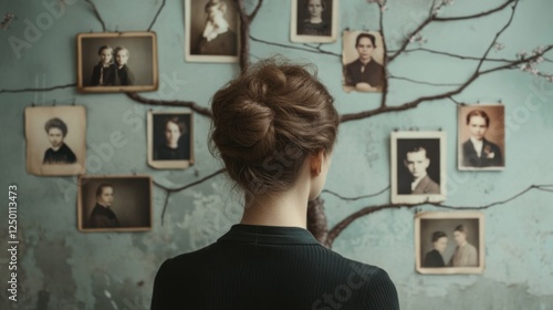 Old family photos with a woman: DNA genealogy, ancestral tree, heritage research, genetic links, vintage images, generational history, familial ancestry, legacy preservation, family roots.