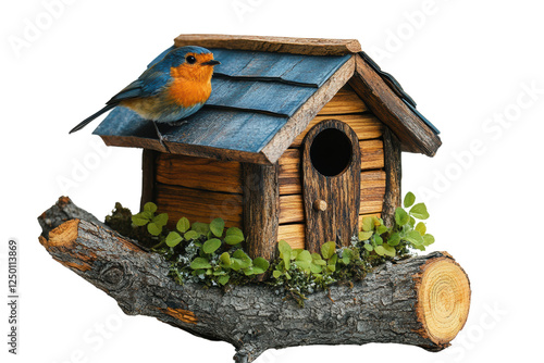 Fotografi A vibrant bluebird perched on a rustic wooden birdhouse surrounded by lush greenery, showcasing the beauty of nature and avian life