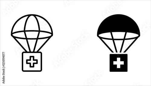 Parachute with first aid kit line icon set. humanitarian aid icon with a parachute on white background
