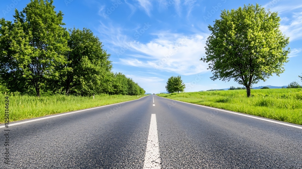 Wide open road surrounded by lush trees under a bright blue sky : Generative AI Wide open road surrounded by lush trees under a bright blue sky : Generative AI