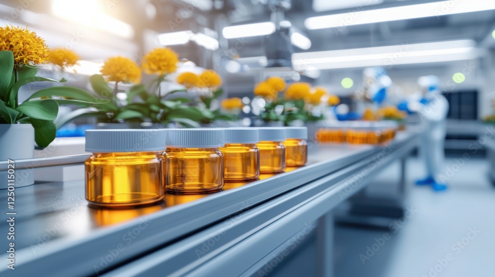 Amber Glass Medicine Bottles On Conveyor Belt In Pharmaceutical Facility Amber Glass Medicine Bottles On Conveyor Belt In Pharmaceutical Facility