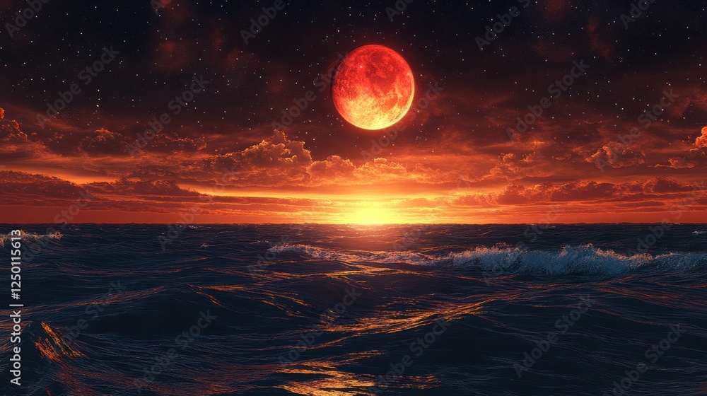 Blood moon over ocean sunset; dramatic sky Blood moon over ocean sunset; dramatic sky