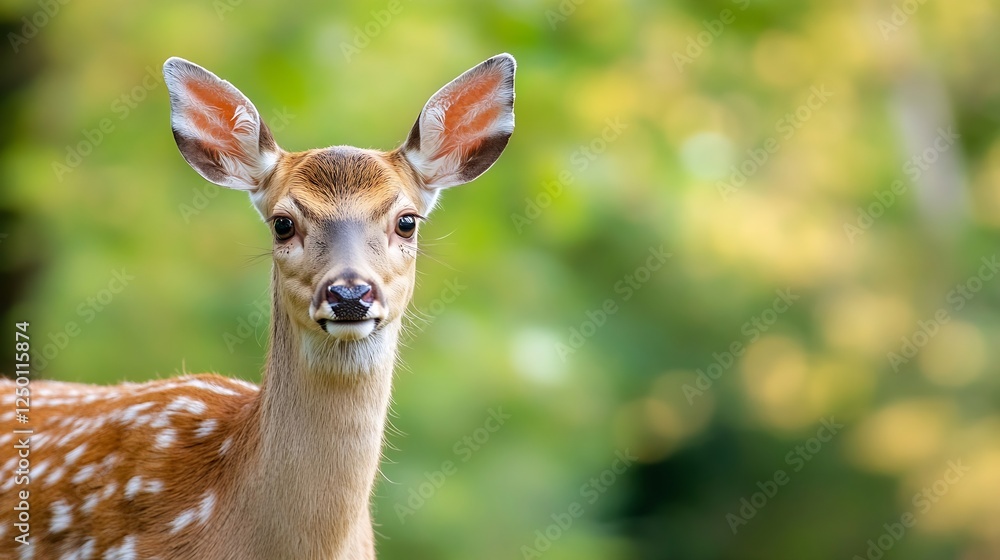 Curious Young Deer with Soft Expression in a Lush Green Forest Setting : Generative AI