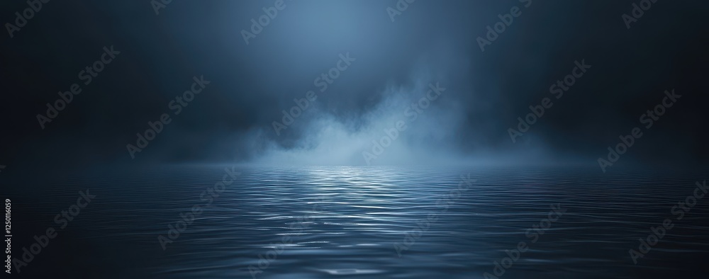 Dark, misty night scene over still water. Dark, misty night scene over still water.