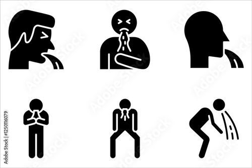 Vomit icon set. Indigestion feel sick and Vomiting on white background