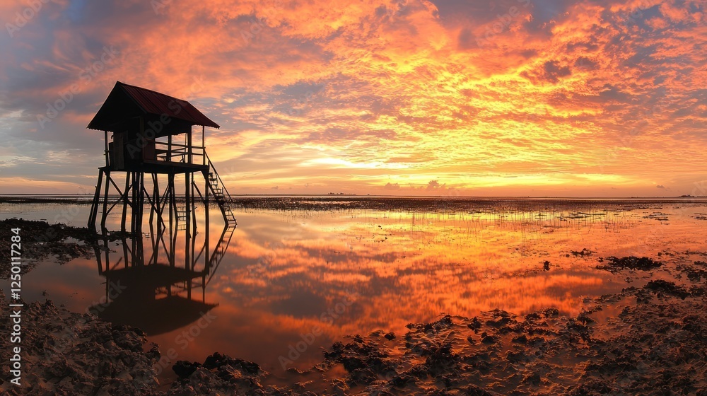 A stunning sunset casts vibrant colors over a solitary stilt house, reflected in the calm waters, creating a tranquil and picturesque scene. A stunning sunset casts vibrant colors over a solitary stilt house, reflected in the calm waters, creating a tranquil and picturesque scene.