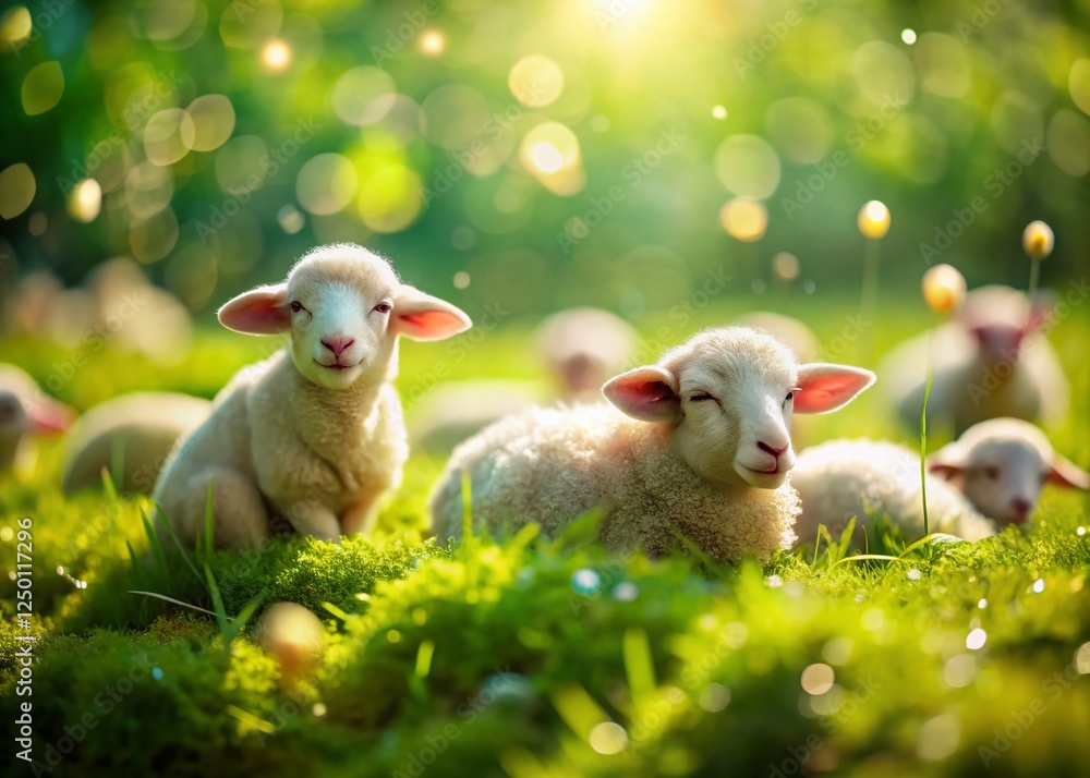 Obraz premium Adorable Watercolor Sheep Sleeping, Tilt-Shift Miniature Farm Animals