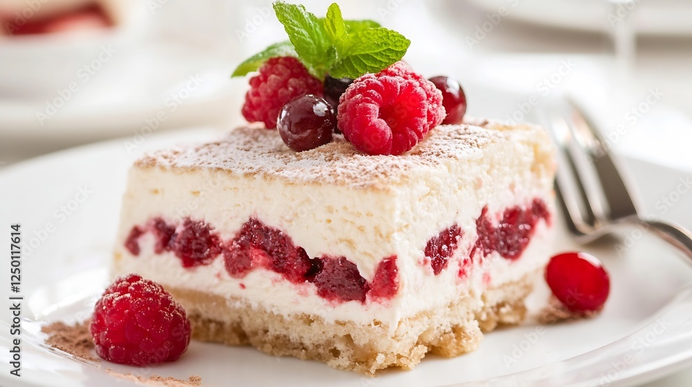 Delicious raspberry layered cake with cream garnished with fresh berries and mint leaves : Generative AI Delicious raspberry layered cake with cream garnished with fresh berries and mint leaves : Generative AI