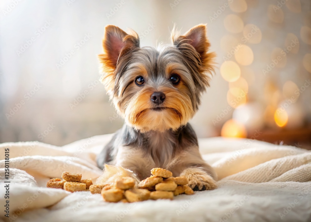 Adorable Yorkshire Terrier Puppy Relaxing on a Soft Blanket with Gourmet Dog Treats Adorable Yorkshire Terrier Puppy Relaxing on a Soft Blanket with Gourmet Dog Treats