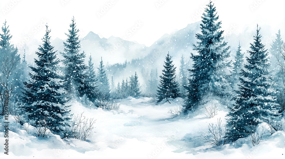 Fototapeta premium Snowy Winter Forest Watercolor Painting Blue Trees Winter Wonderland Peaceful Nature Scene Serene