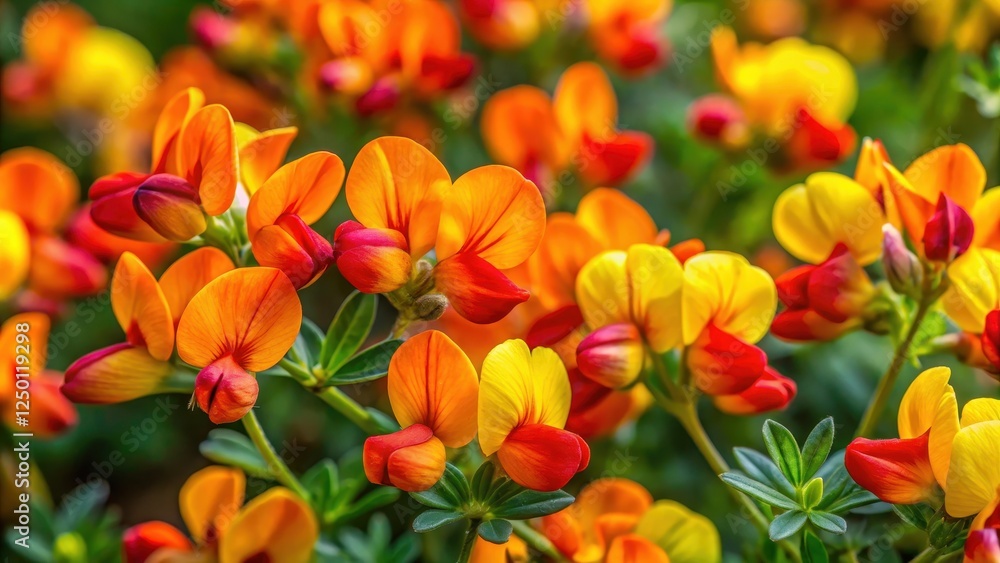 Close-up of vibrant birds foot trefoil flowers in full bloom, botanicals, foliage, botanicals Close-up of vibrant birds foot trefoil flowers in full bloom, botanicals, foliage, botanicals