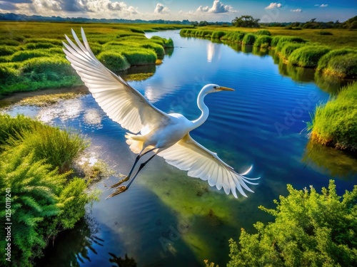 Soaring white heron, a bird's-eye view reveals elegant wildlife in majestic aerial photography. photo