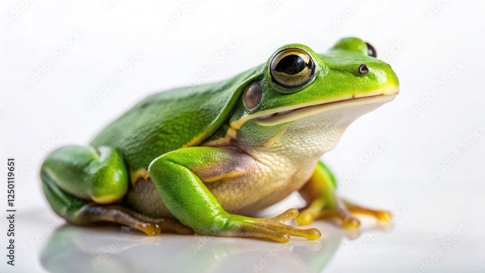 Solitary green frog, minimalist pose, isolated against a clean background. Nature's serene simplicity. Solitary green frog, minimalist pose, isolated against a clean background. Nature's serene simplicity.