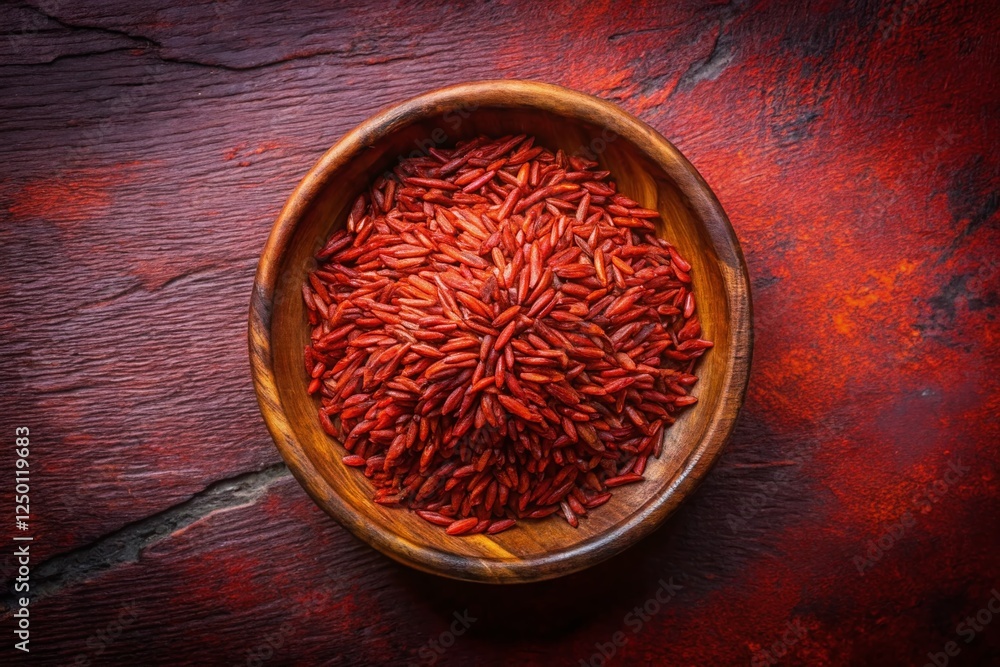 Aerial Drone Shot: Red Rice in Bowl, Vibrant Red Background Aerial Drone Shot: Red Rice in Bowl, Vibrant Red Background