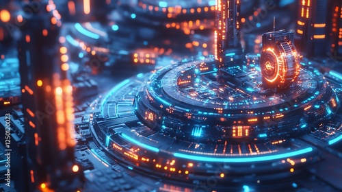 Futuristic city; glowing, intricate, technological structures; circular design; neon lights; blue and orange hues; complex machinery.
