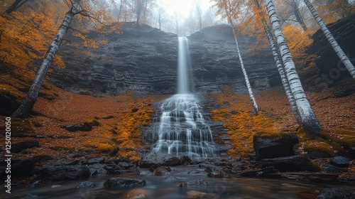 Autumn Waterfall in Misty Forest (1) photo