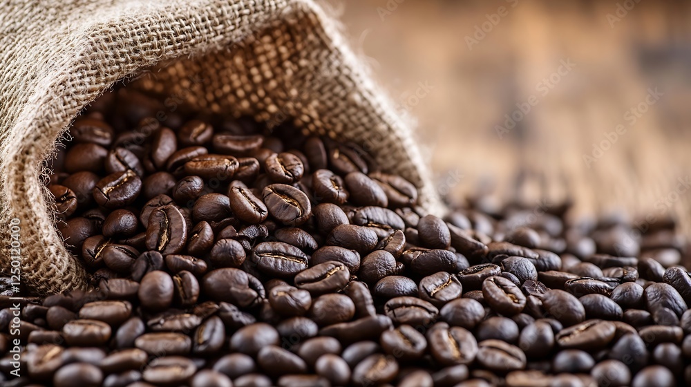 Fresh Roasted Coffee Beans Spilling from Burlap Sack on Wooden Table : Generative AI Fresh Roasted Coffee Beans Spilling from Burlap Sack on Wooden Table : Generative AI