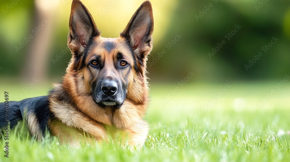 Portrait of a Loyal German Shepherd Dog Lying on Green Grass : Generative AI Portrait of a Loyal German Shepherd Dog Lying on Green Grass : Generative AI