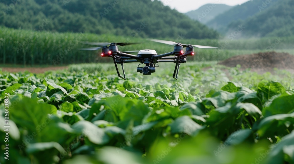 Drone Spraying Crops in Lush Green Field with Hilly Background Drone Spraying Crops in Lush Green Field with Hilly Background