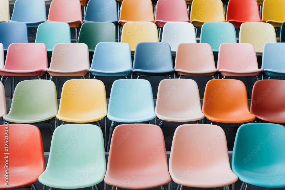 Fototapeta premium Colorful plastic chairs arranged in rows